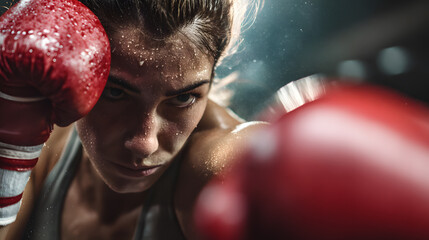 A female boxer strikes with her hand.
