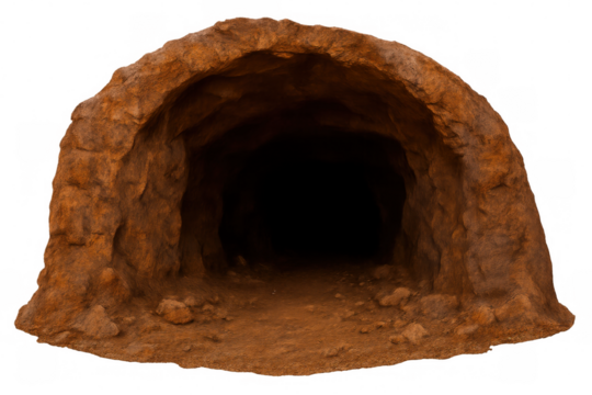 Dark cave entrance showing mysterious rock tunnel leading into deep underground grotto, transparent background cutout