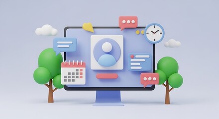 Computer Screen with Communication Icons and Nature Elements 3D Rendering