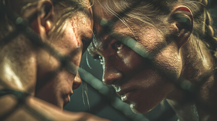 Close-up of female fighter&rsquo;s focused expression