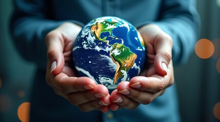 Hands Cupping Glowing Earth Globe Showing Global Responsibility and Protection
