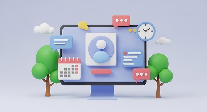 Computer Screen with Communication Icons and Nature Elements 3D Rendering - Powered by Adobe