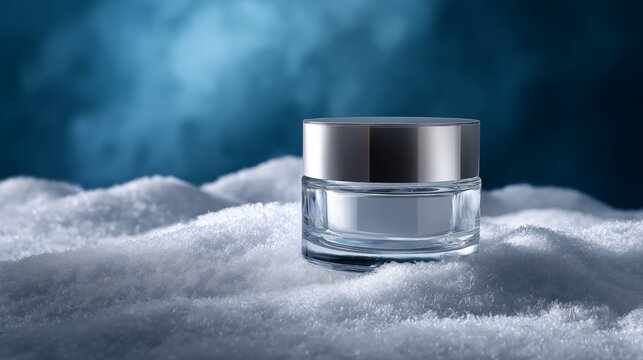 Hydrating face cream glass jar with silver lid on frosty snowdrift, winter skincare mockup against moody blue background, copy space