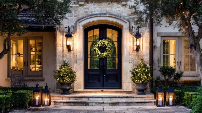 Elegant entrance of a home decorated with festive lights and greenery.