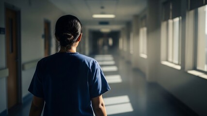 Dawn Patrol Doctor: An exhausted female doctor walks down a brightly lit hospital corridor at sunrise, embodying the dedication of healthcare professionals.