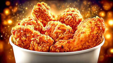 Crispy fried chicken golden drumstick crunchy coating hot wings juicy meat bucket meal comfort food fast food savory snack spicy flavor delight diners with glowing bokeh background, festive