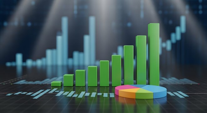 Green bar graph with pie chart and stock market line graph on a dark background with light streaks - Powered by Adobe
