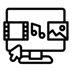 Display with pictures, music, movie and cursor line icon, data hoarding concept. Vector graphics. Screen of multimedia sign on white background, style icon mobile or web design.