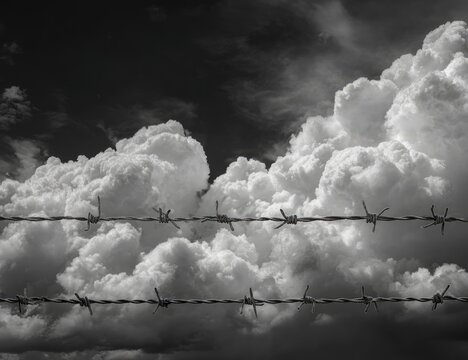 Black and white barbed wire fence against a dramatic sky filled with large, fluffy clouds
