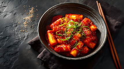 Korean comfort food tteokbokki served with chopsticks