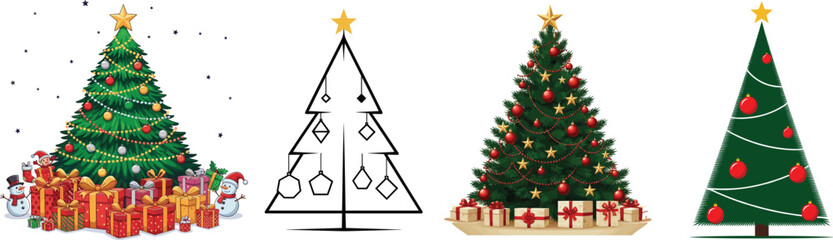 Christmas Tree Vector Collection: Set of Decorated Trees with Gifts, Ornaments, and Gold Star Toppers.