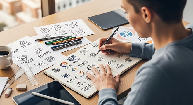 Creative designer sketching logo ideas in notebook at his desk