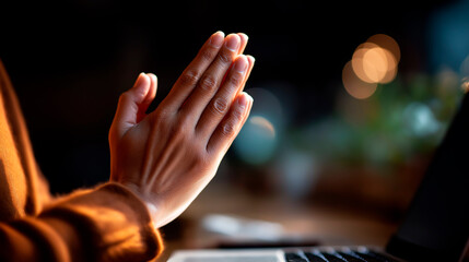 Hands typing prayer requests on laptop online forum visible face obscured virtual mental wellness support digital prayer chain internet faith community with copy space