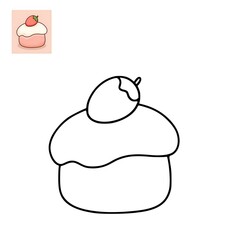Colouring page Black and white line art of a cute mini cupcake with a strawberry on top. A simple food doodle illustration for a children's coloring page