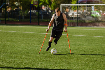 Obraz premium A man runs towards the ball and leans on the field with crutches