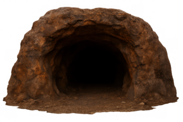 Cave entrance, a dark grotto carved into natural rock, presenting an empty, mysterious hole. Transparent background
