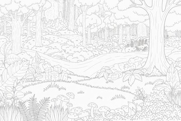 Fototapeta premium Detailed pencil sketch of a serene forest scene with trees and foliage