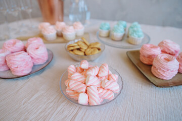 Variety of pink marshmallows and pink and white swirled marshmallows, alongside mint and pink cupcakes and cookies on a white textured tablecloth