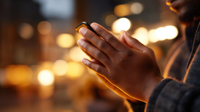 Hands texting in prayer group chat smartphone visible face defocused mobile mental health support text based faith community digital prayer network with copy space