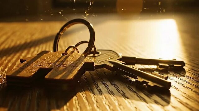Keys with house keychain on wooden surface illuminated by sunlight