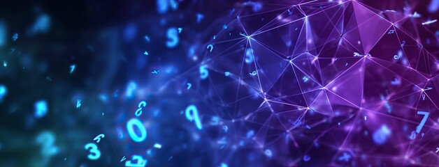 Dynamic abstract polygonal background pulsing with vibrant glowing lines and digital numbers, perfect for futuristic tech presentations, data visualization, or innovative design concepts.