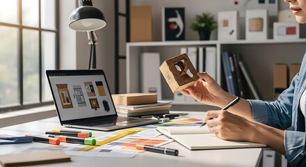 Creative Product Packaging Designer at Desk Working on New Designs