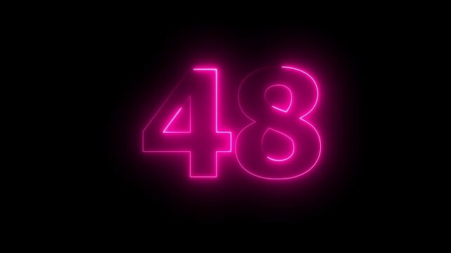 Glowing neon numbering text 48 number countdown icon animation. neon text 48 number icon on background...