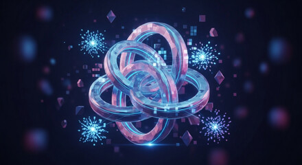 Abstract 3d render of intertwined rings with glowing particles, representing complex connections and futuristic technology on a dark backdrop