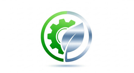 Eco industry, a symbol of sustainable manufacturing and green technology with gear and leaf in a circle