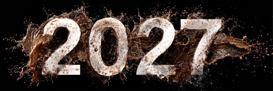 Bold numbers representing 2027 emerge from a dramatic splash of liquid, showcasing energy and motion against a dark background.