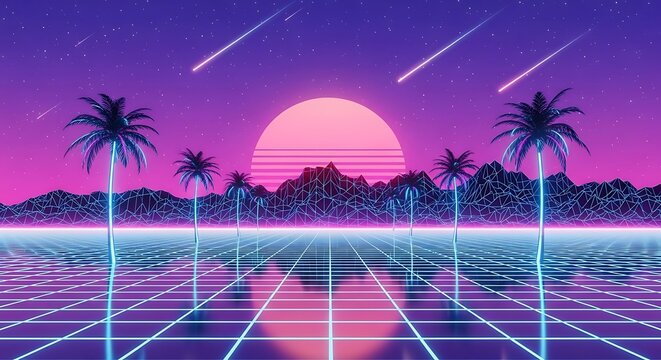Retro futuristic synthwave landscape with a neon grid and glowing palm trees at sunset.