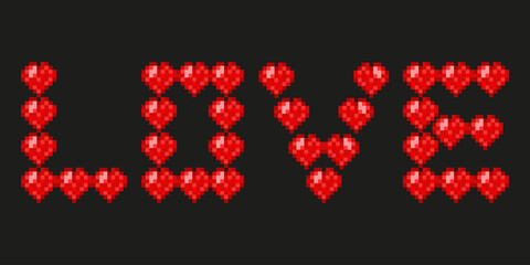 Valentine's Day art. Vector love word shaped from red Pixel heart. Love typography isolated black background. Perfect retro Pixel art for Valentine Day wall decor greeting banner poster layout. EPS 10