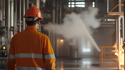 Engineer with hardhat at industrial facility, checking on fire incident & equipment. Safety gear & hazard control are essential for prevention of workplace accidents.