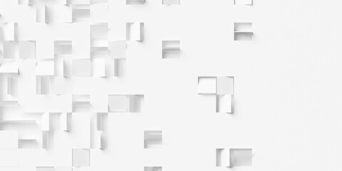 Randomly rotated white square flaps on white background wallpaper banner flat lay from above fading out with copy space