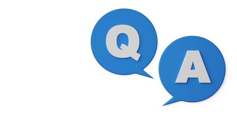 Blue Q and A, question and answer, speech bubbles on white background with copy space