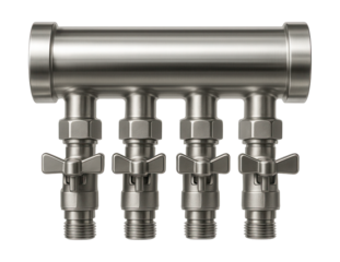 Stainless steel collector for apartments with integrated shut-off valves for easy