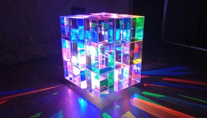 Spinning Holographic Cube Grid with Refractive Edges in Dark Studio