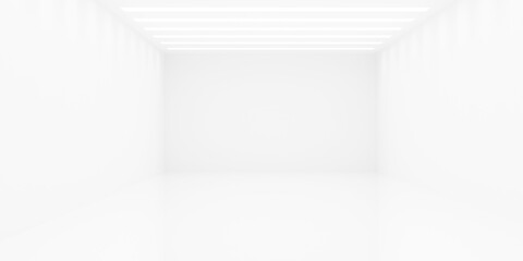 Obraz premium Empty blank white room background with row of inset stripe lights in the ceiling, modern interior template
