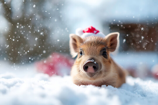 Christmas warthog with Santa hat in snow festive African pig scene