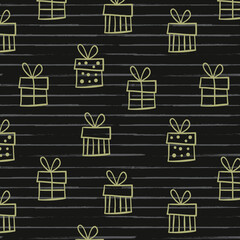 Seamless pattern with gift boxes. Vector illustration for new year and other holidays for postcard, textile, decor, paper, texture, wrapping. Gift boxes in different colors on a black background