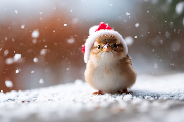 Fototapeta premium Swift wearing Santa hat on snowy ground fast flying bird winter holiday concept