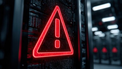 Red warning triangle with exclamation mark on server rack