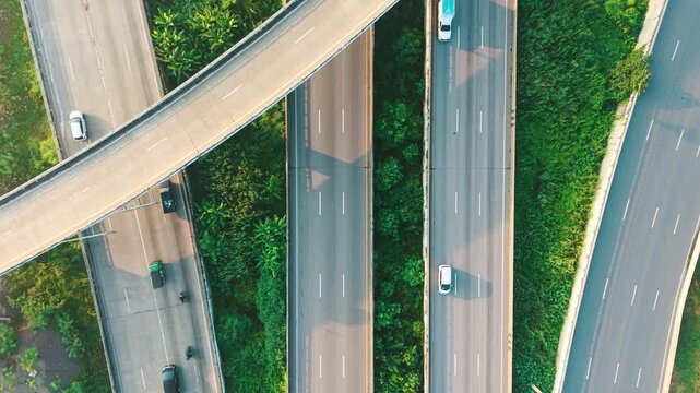 Aerial view morning with fogg city transport junction road transport industry