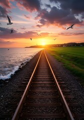 Obraz premium Rails at Dusk: Serenity by the Shore