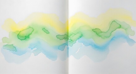 Gentle watercolor washes of yellow, green, and blue blend softly on white paper, creating an abstract, calming flow.