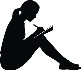 Silhouette of woman writing and drawing silhouette white background