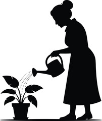Silhouette of woman watering plant silhouette white background
