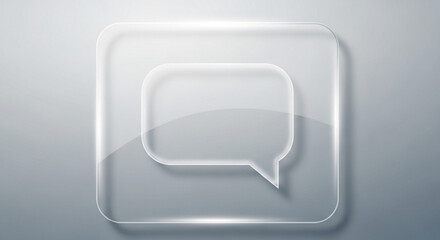 A transparent glass icon of a speech bubble, symbolizing communication, dialogue, and modern interface design, set against a soft gray background