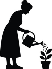 Woman watering potted plant silhouette silhouette white background
