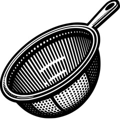 Colander's Close-Up: An intricate monochrome engraving of a colander, showcasing its essential role in culinary preparation.